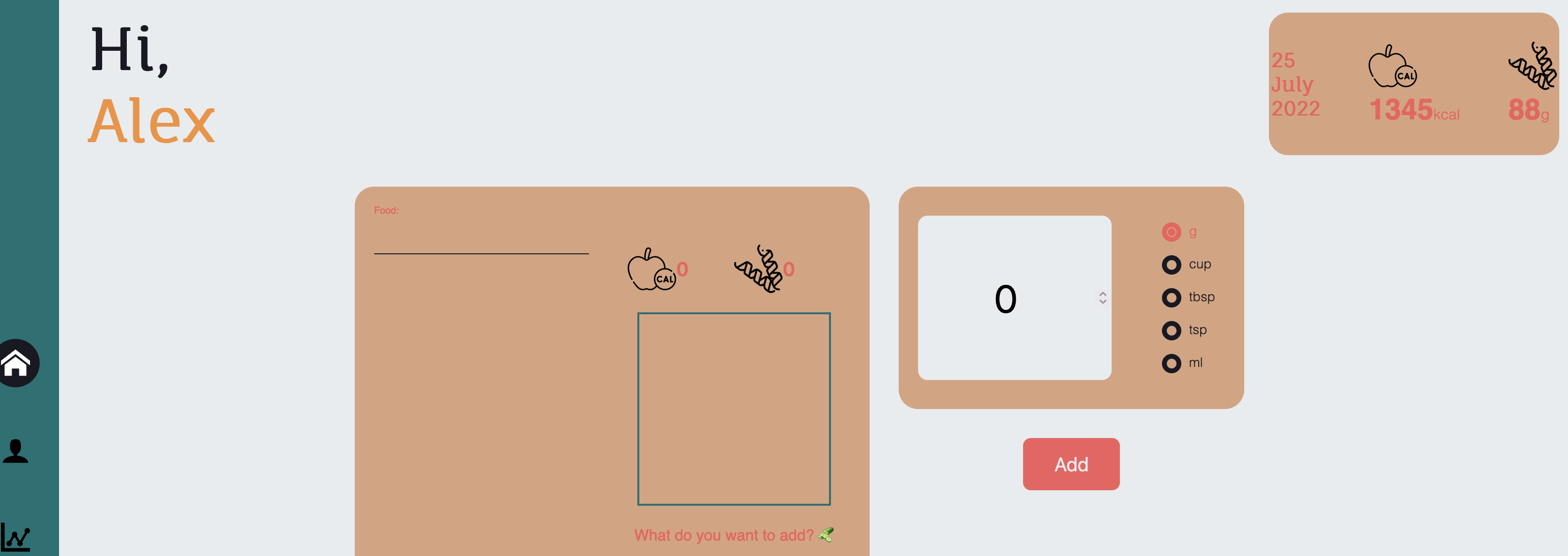 UI Panels displaying calorie and protein intake.