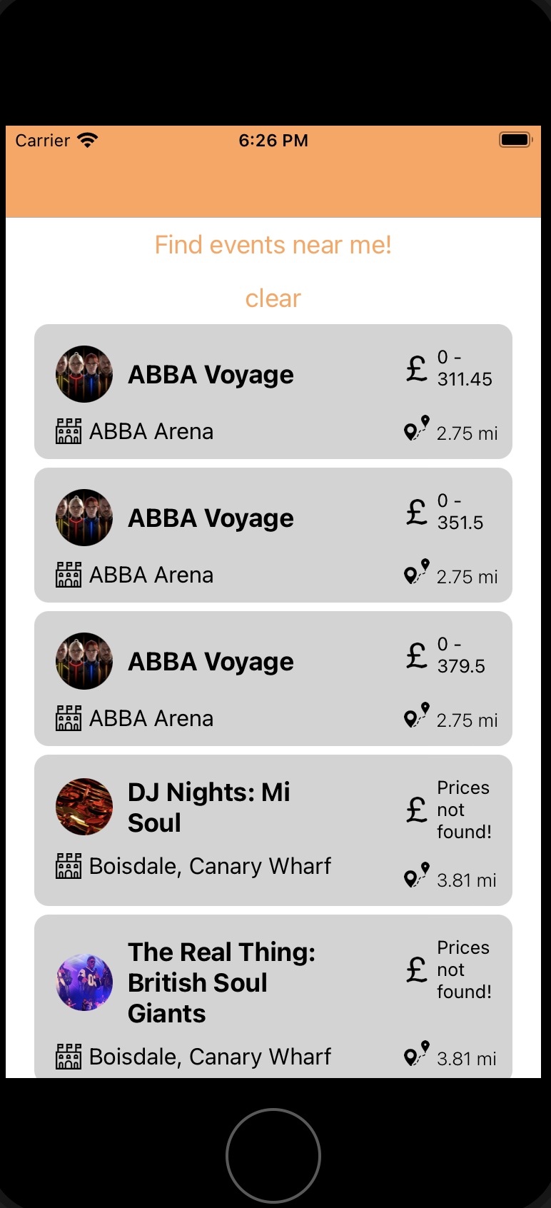Iphone 8 displaying a UI with a list of events