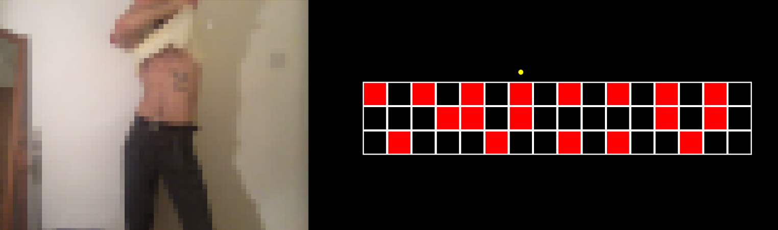 Pixellated image of user undressing next to a digital drumpad